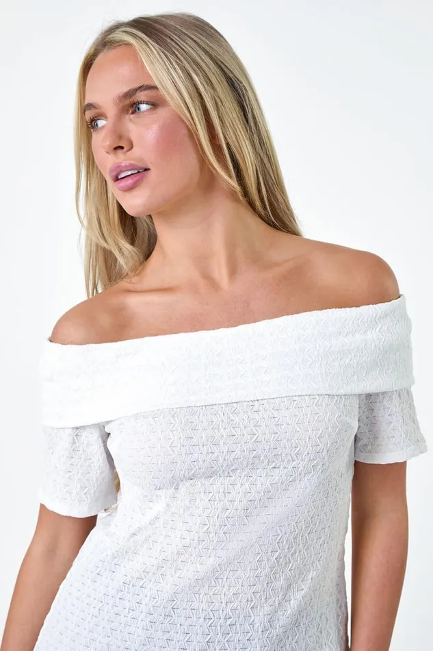 White Petite Textured Bardot Top Women Roman Tops
