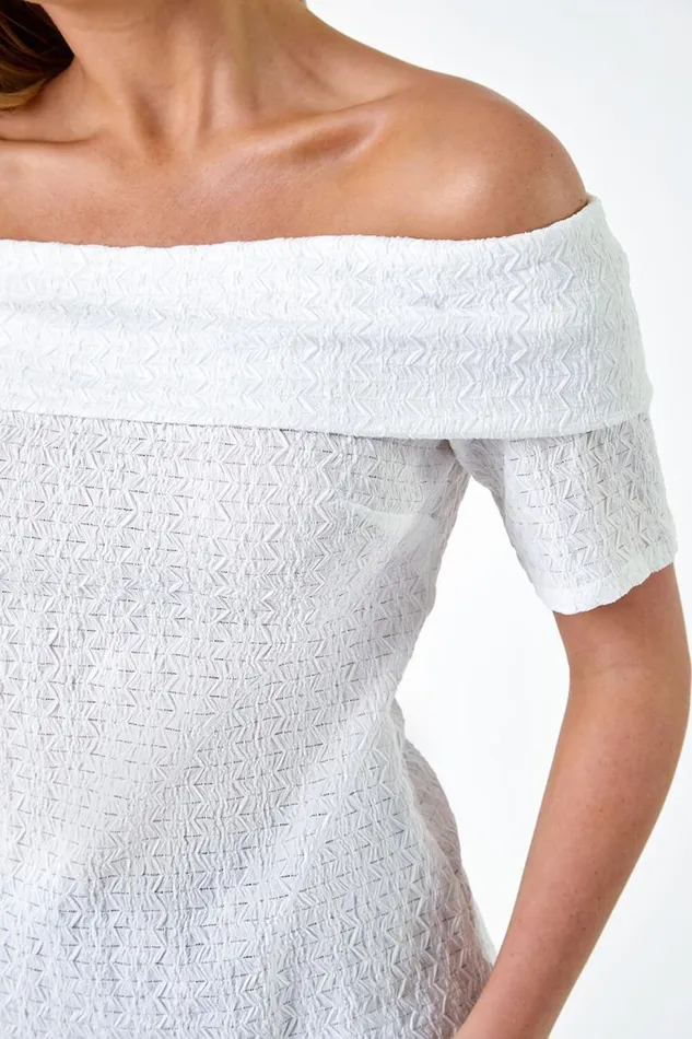 White Petite Textured Bardot Top Women Roman Tops
