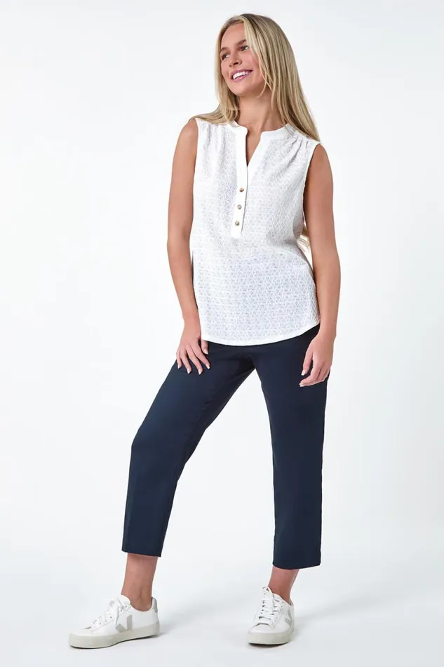 White Petite Textured Sleeveless Top Women Roman Tops