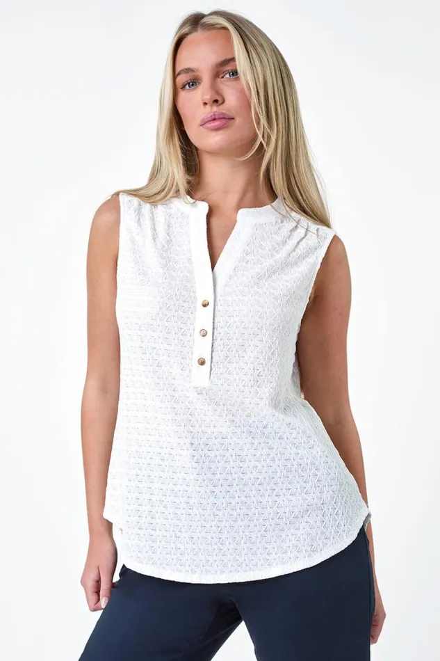 White Petite Textured Sleeveless Top Women Roman Tops