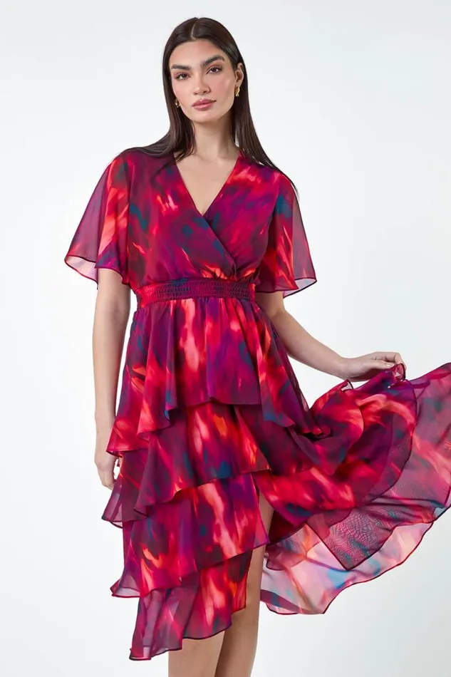 Wine Abstract Print Chiffon Tiered Midi Dress Women Roman Dresses