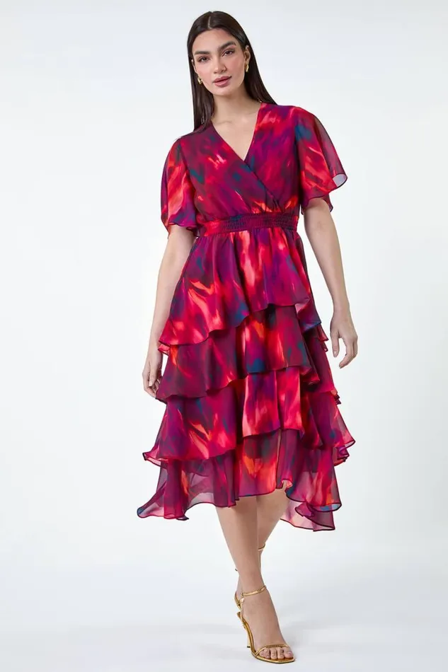 Wine Abstract Print Chiffon Tiered Midi Dress Women Roman Dresses