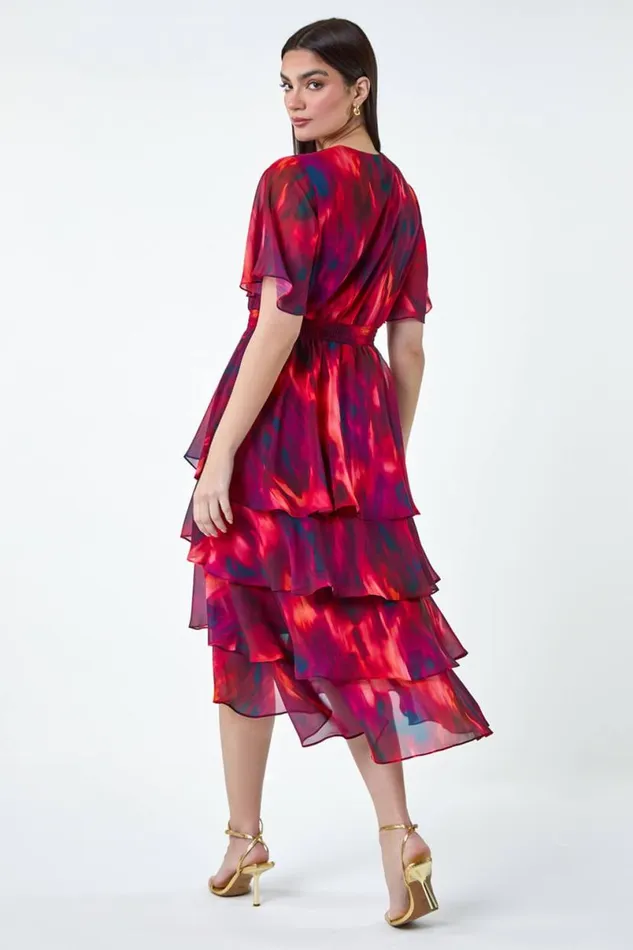 Wine Abstract Print Chiffon Tiered Midi Dress Women Roman Dresses