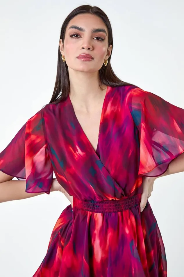 Wine Abstract Print Chiffon Tiered Midi Dress Women Roman Dresses