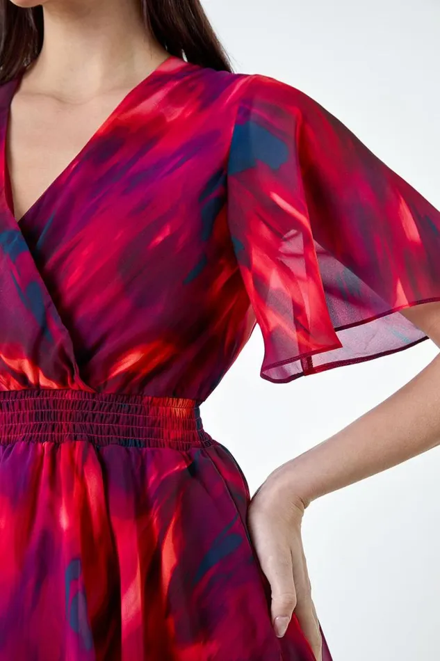 Wine Abstract Print Chiffon Tiered Midi Dress Women Roman Dresses