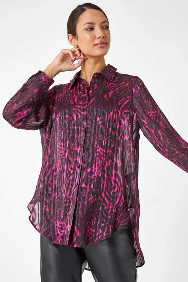 Wine Animal Print Chiffon Blouse Women Roman Tops