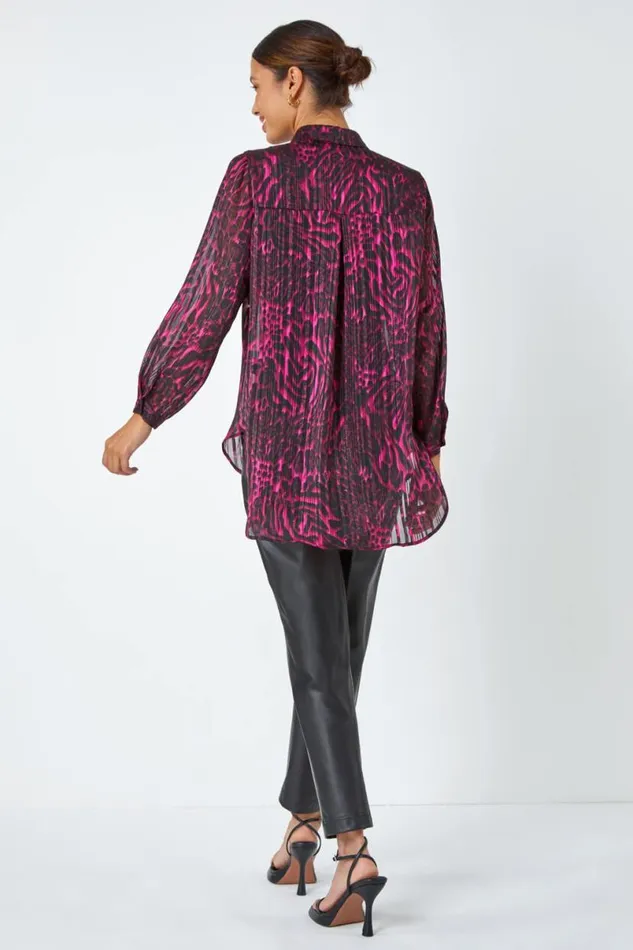 Wine Animal Print Chiffon Blouse Women Roman Tops