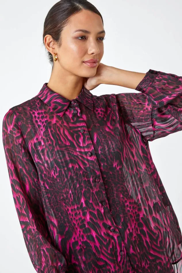 Wine Animal Print Chiffon Blouse Women Roman Tops