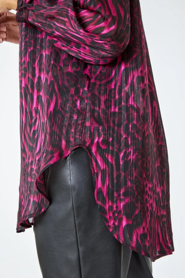 Wine Animal Print Chiffon Blouse Women Roman Tops