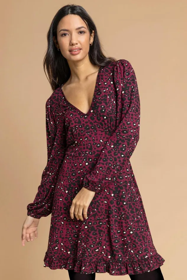 Wine Animal Print Frill Hem Dress Women Roman Dresses
