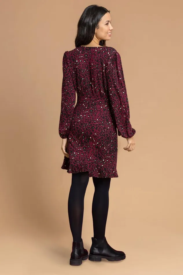 Wine Animal Print Frill Hem Dress Women Roman Dresses