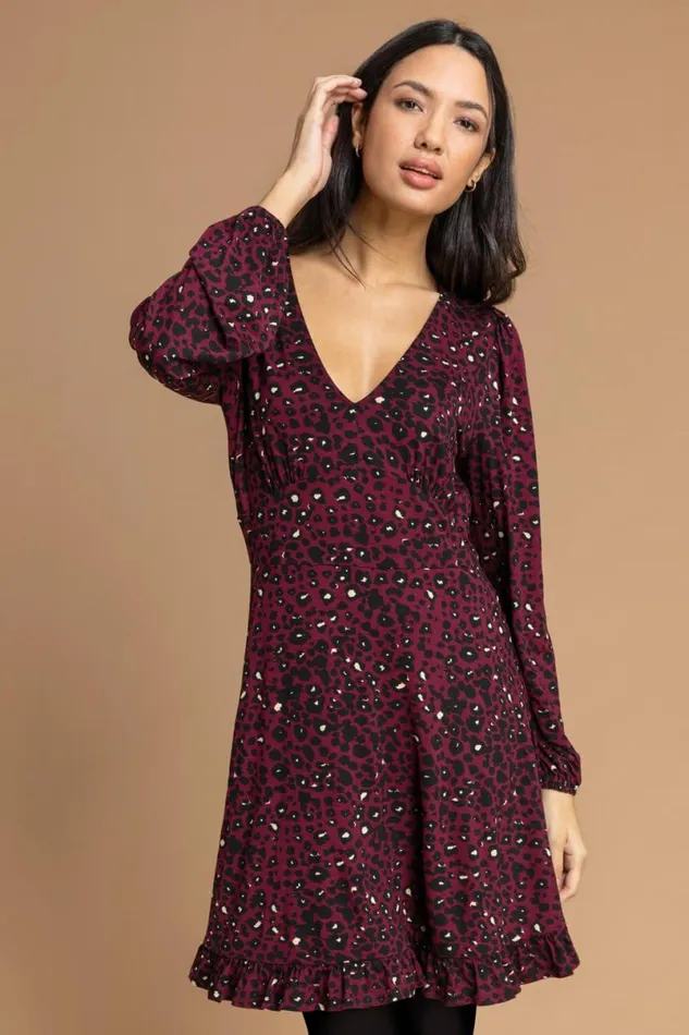 Wine Animal Print Frill Hem Dress Women Roman Dresses