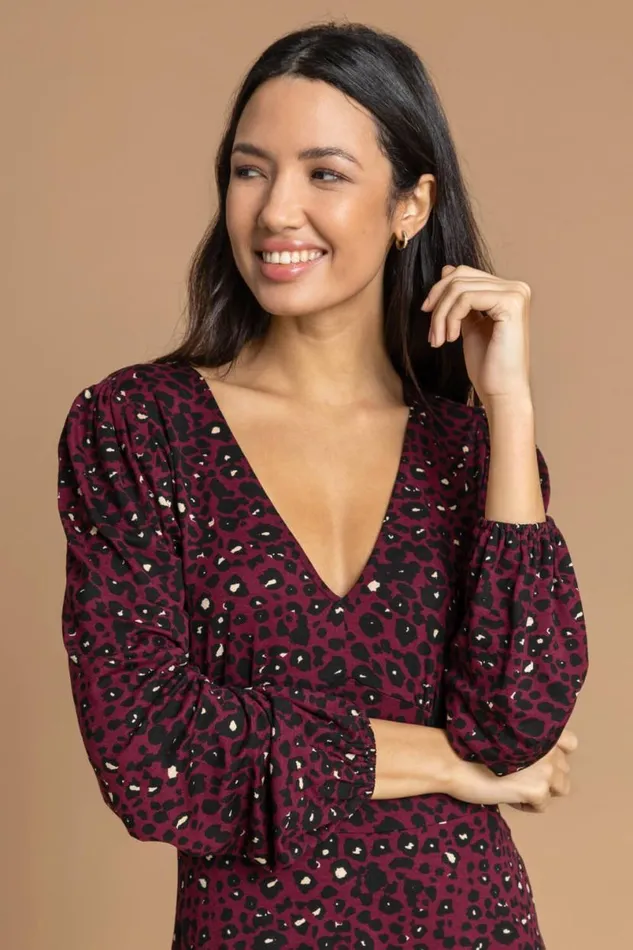 Wine Animal Print Frill Hem Dress Women Roman Dresses
