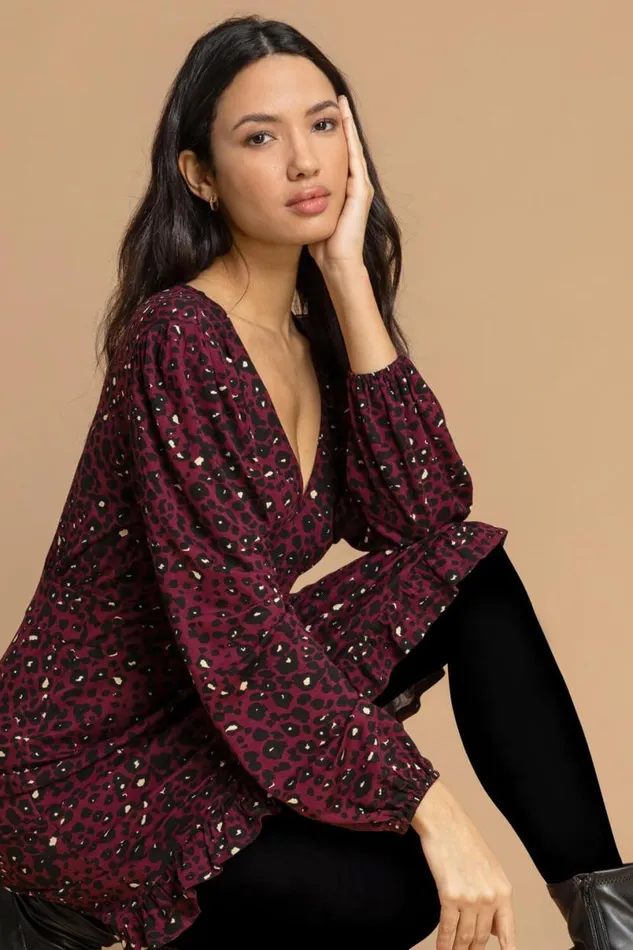 Wine Animal Print Frill Hem Dress Women Roman Dresses