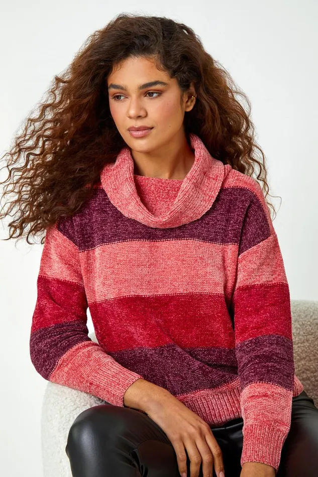 Wine Chenille Striped Cowl Neck Jumper Women Roman Knitwear