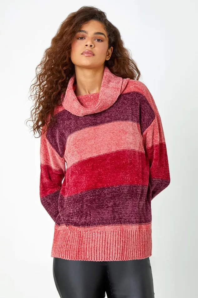 Wine Chenille Striped Cowl Neck Jumper Women Roman Knitwear