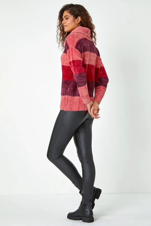 Wine Chenille Striped Cowl Neck Jumper Women Roman Knitwear