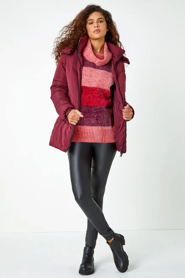 Wine Chenille Striped Cowl Neck Jumper Women Roman Knitwear