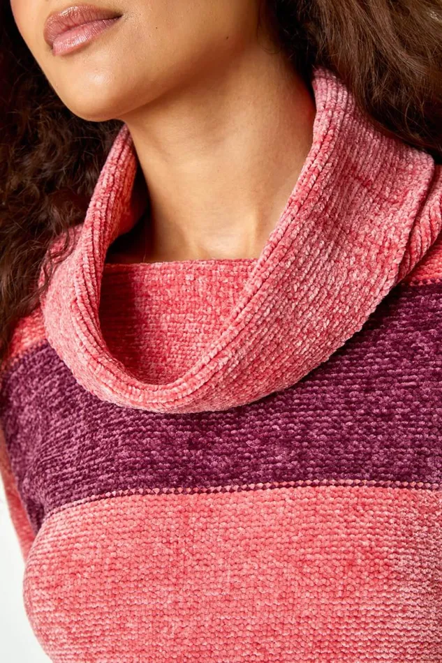 Wine Chenille Striped Cowl Neck Jumper Women Roman Knitwear
