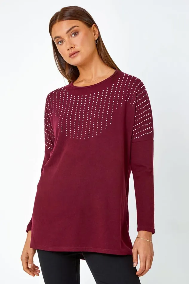Wine Embellished Stretch Top Women Roman Tops