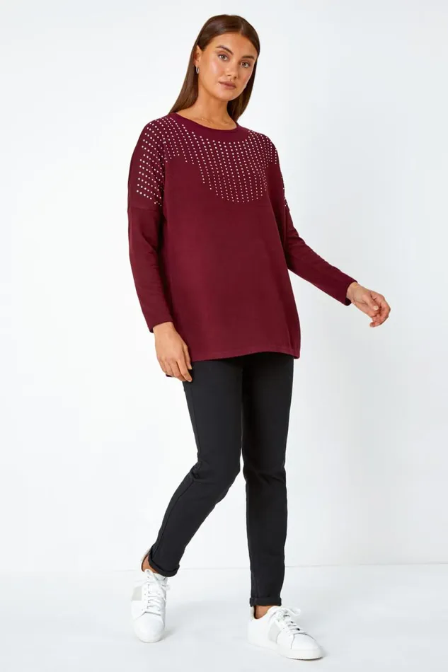 Wine Embellished Stretch Top Women Roman Tops