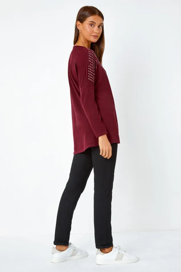 Wine Embellished Stretch Top Women Roman Tops