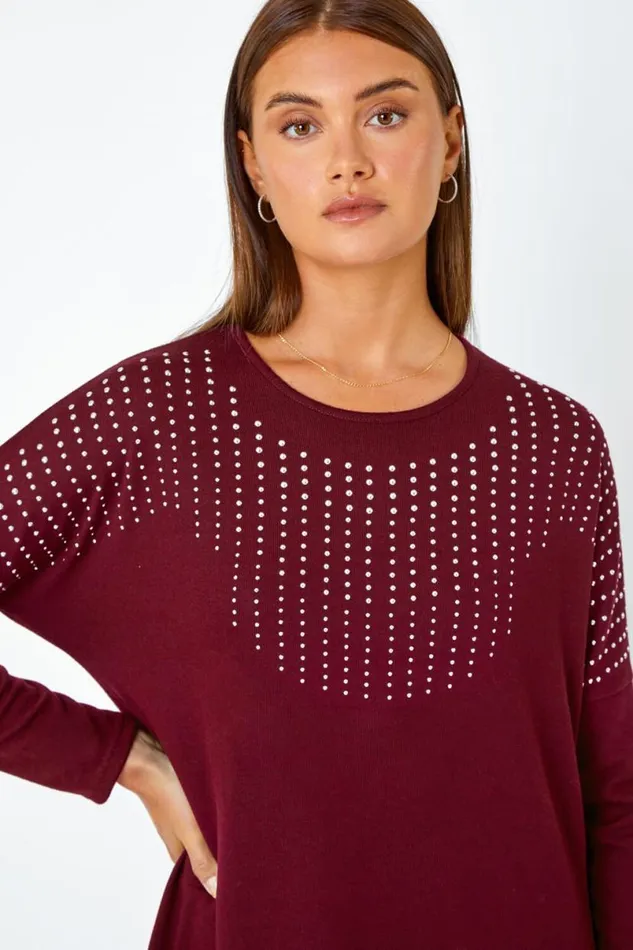 Wine Embellished Stretch Top Women Roman Tops