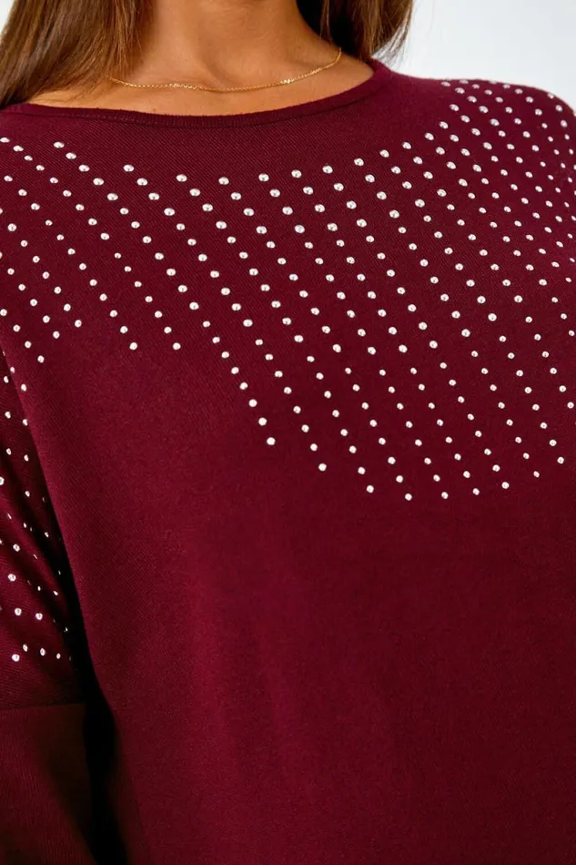 Wine Embellished Stretch Top Women Roman Tops