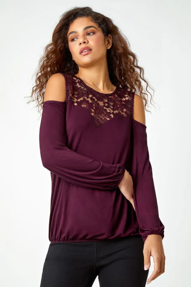 Wine Lace Detail Cold Shoulder Stretch Top Women Roman Tops