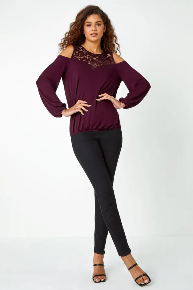 Wine Lace Detail Cold Shoulder Stretch Top Women Roman Tops