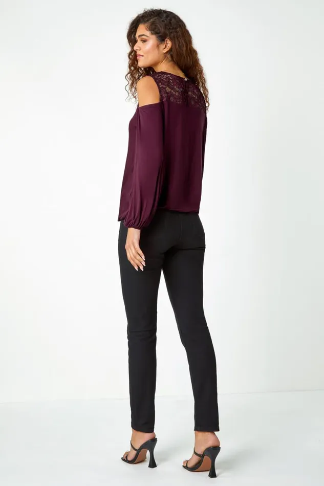 Wine Lace Detail Cold Shoulder Stretch Top Women Roman Tops