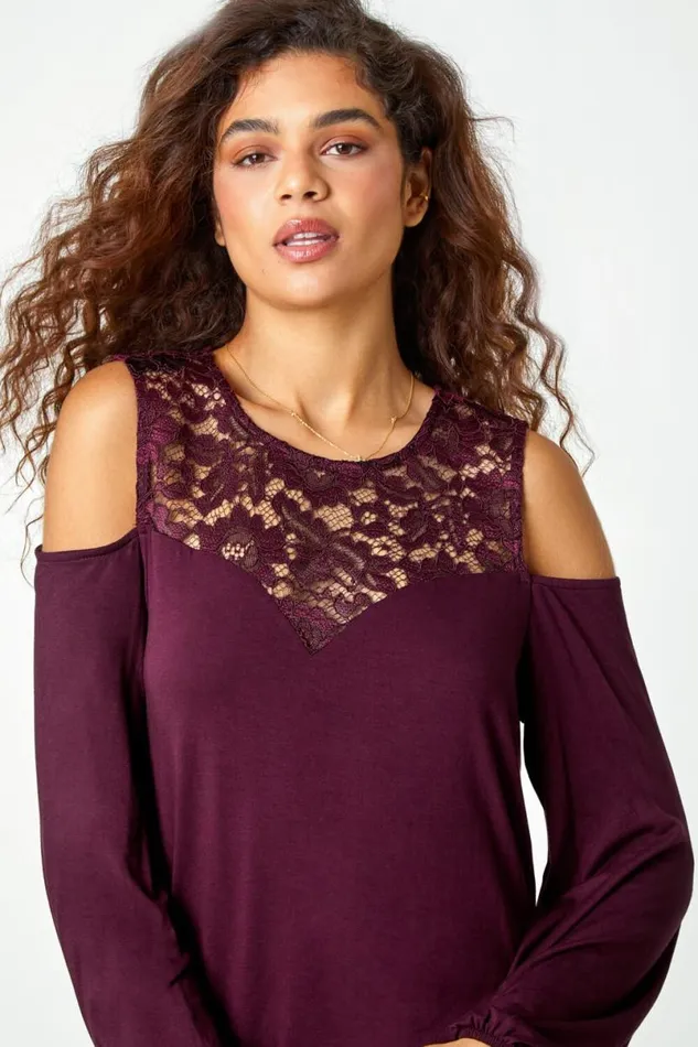 Wine Lace Detail Cold Shoulder Stretch Top Women Roman Tops