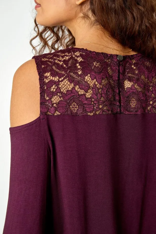 Wine Lace Detail Cold Shoulder Stretch Top Women Roman Tops