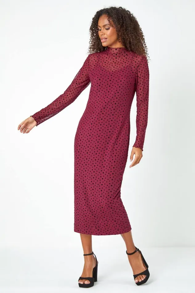 Wine Polka Dot Mesh Stretch Bodycon Midi Dress Women Roman Dresses