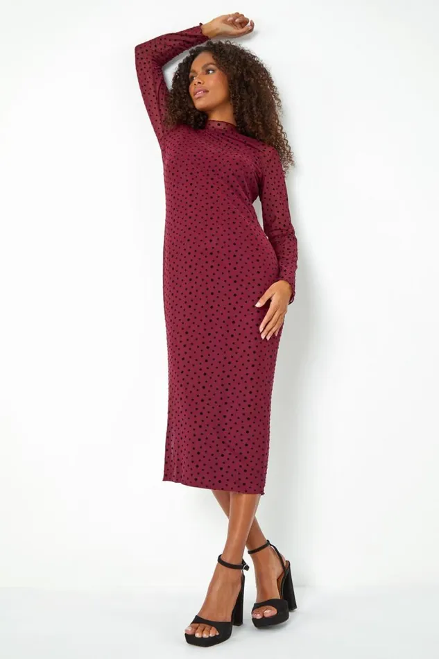 Wine Polka Dot Mesh Stretch Bodycon Midi Dress Women Roman Dresses