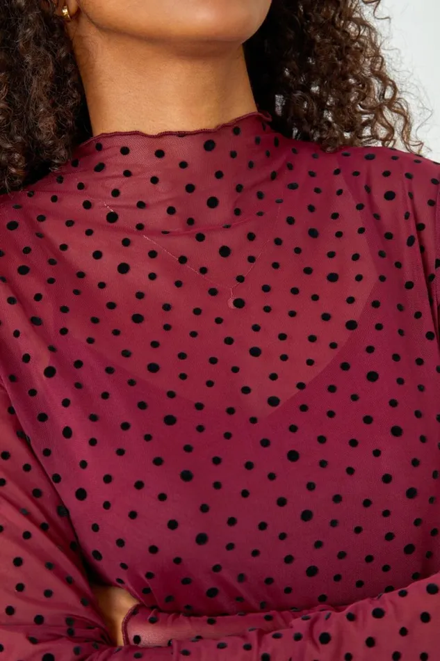 Wine Polka Dot Mesh Stretch Bodycon Midi Dress Women Roman Dresses