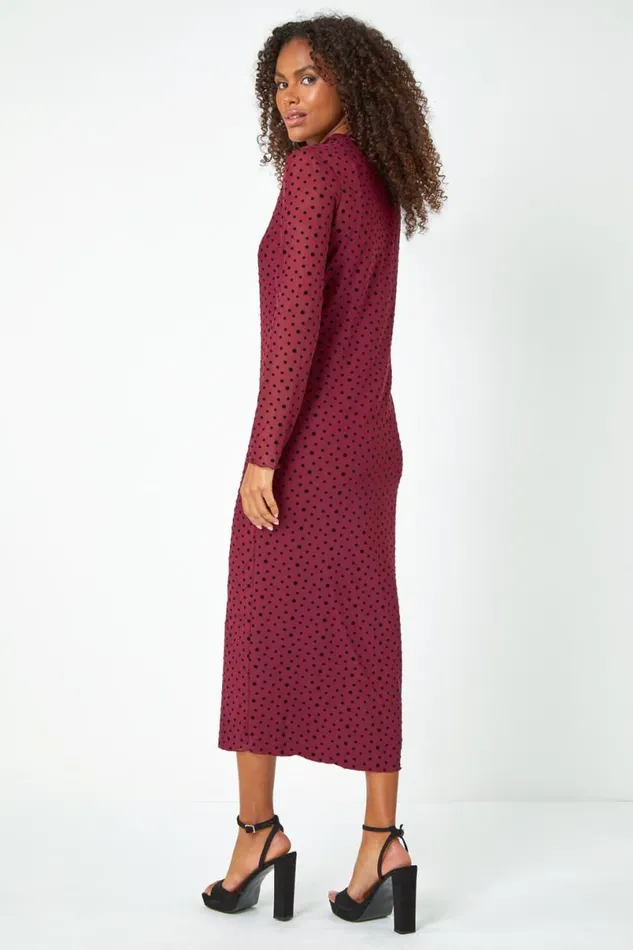 Wine Polka Dot Mesh Stretch Bodycon Midi Dress Women Roman Dresses