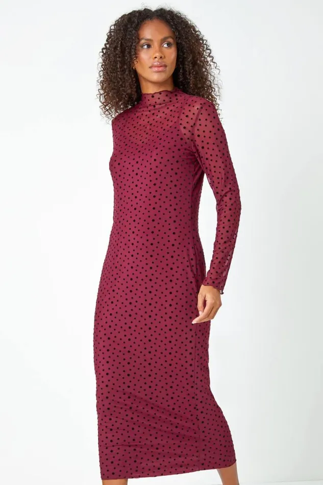 Wine Polka Dot Mesh Stretch Bodycon Midi Dress Women Roman Dresses