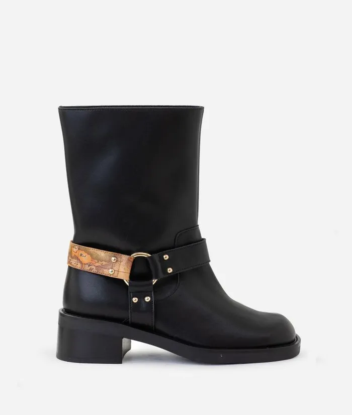 Woman Boots and Booties Alviero Martini Smooth Leather Biker Boots With Geo Classic Strap Detail Black