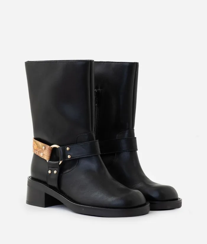 Woman Boots and Booties Alviero Martini Smooth Leather Biker Boots With Geo Classic Strap Detail Black