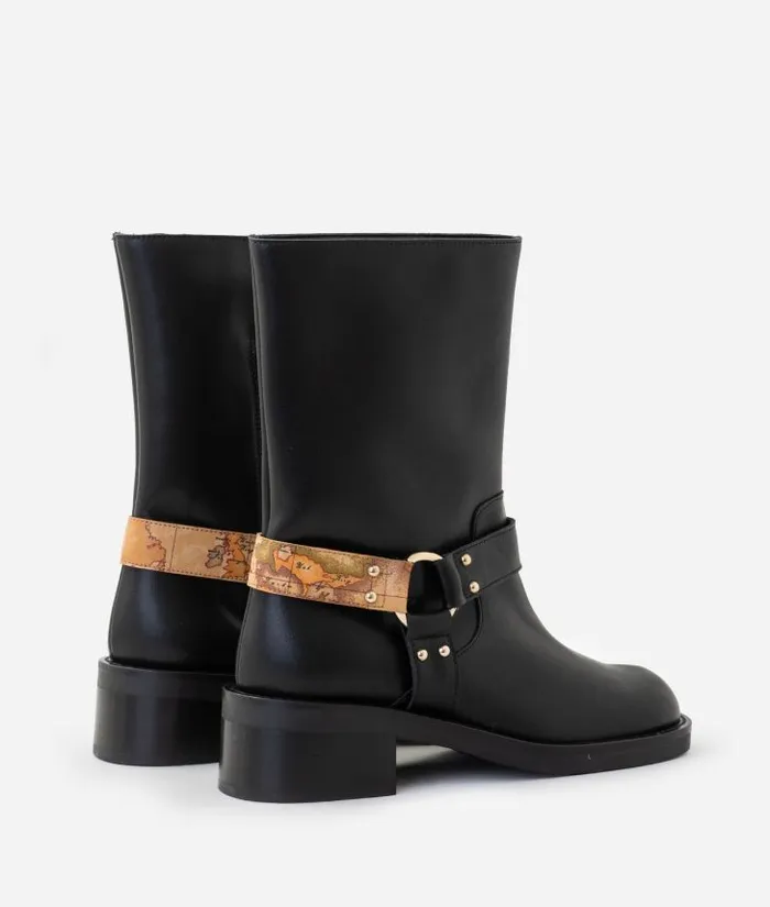 Woman Boots and Booties Alviero Martini Smooth Leather Biker Boots With Geo Classic Strap Detail Black