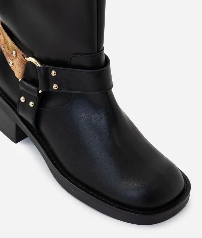 Woman Boots and Booties Alviero Martini Smooth Leather Biker Boots With Geo Classic Strap Detail Black
