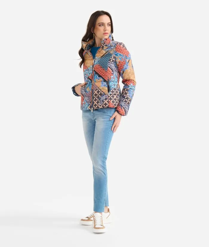 Woman Coats and Jackets Alviero Martini Padded Nylon Coat With Geo Patchwork Foulard Print Blue