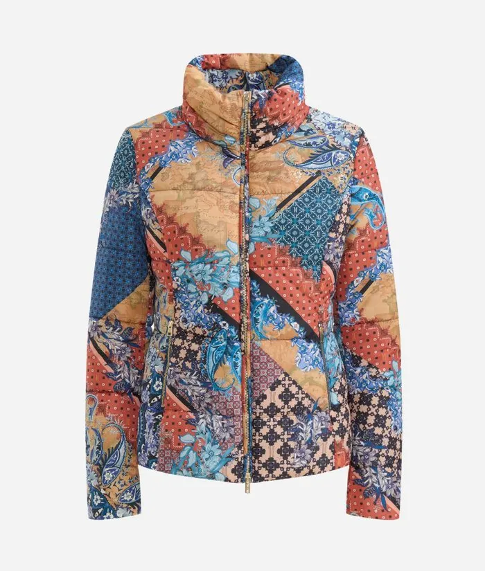 Woman Coats and Jackets Alviero Martini Padded Nylon Coat With Geo Patchwork Foulard Print Blue