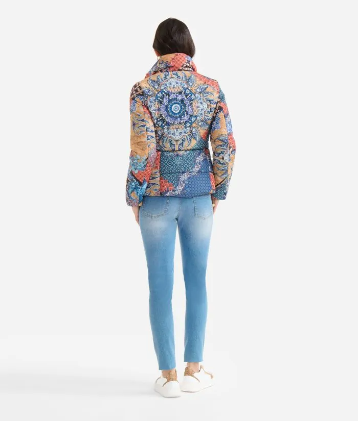 Woman Coats and Jackets Alviero Martini Padded Nylon Coat With Geo Patchwork Foulard Print Blue