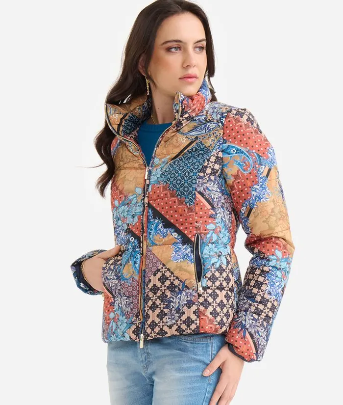 Woman Coats and Jackets Alviero Martini Padded Nylon Coat With Geo Patchwork Foulard Print Blue