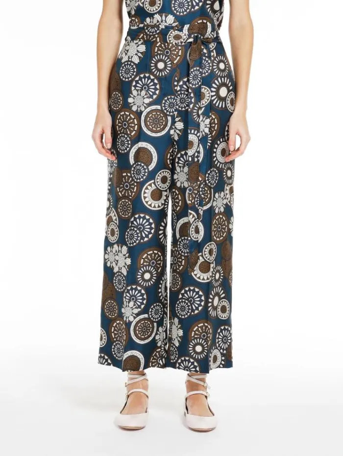 Woman Fluid Printed Silk Trousers Navy Maxmara Trousers