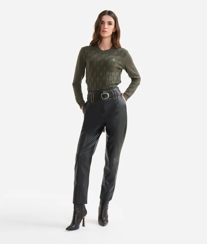 Woman Skirts and Trousers Alviero Martini Faux Napa Leather Trousers With Buckle Black