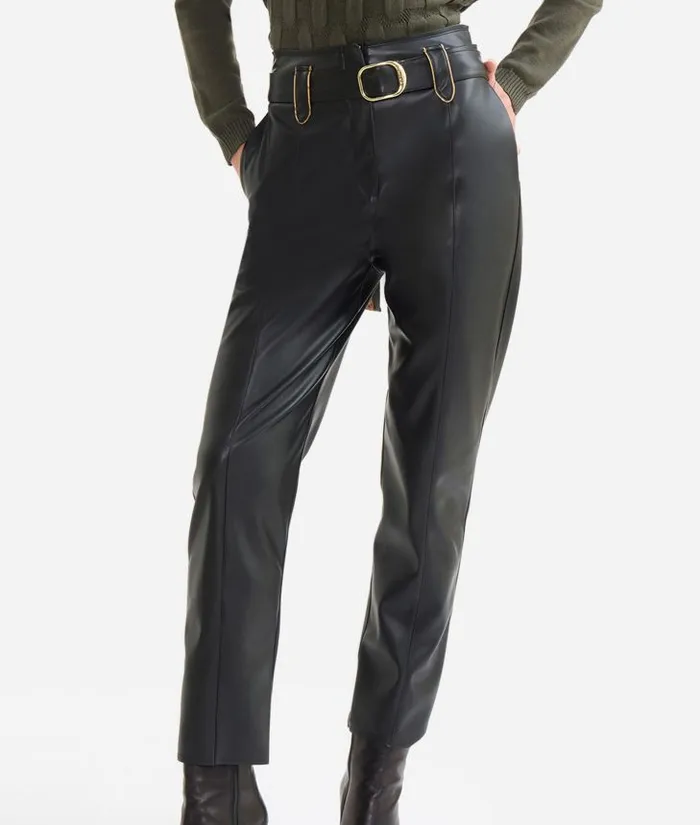 Woman Skirts and Trousers Alviero Martini Faux Napa Leather Trousers With Buckle Black