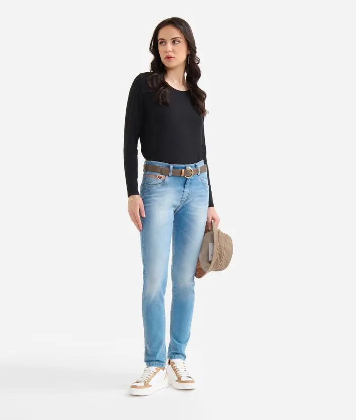Woman Skirts and Trousers Alviero Martini Stretch Denim Slim Jeans With Heart Charm Blue Beach